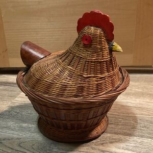 Vintage Woven Chicken Basket with Wood Accents